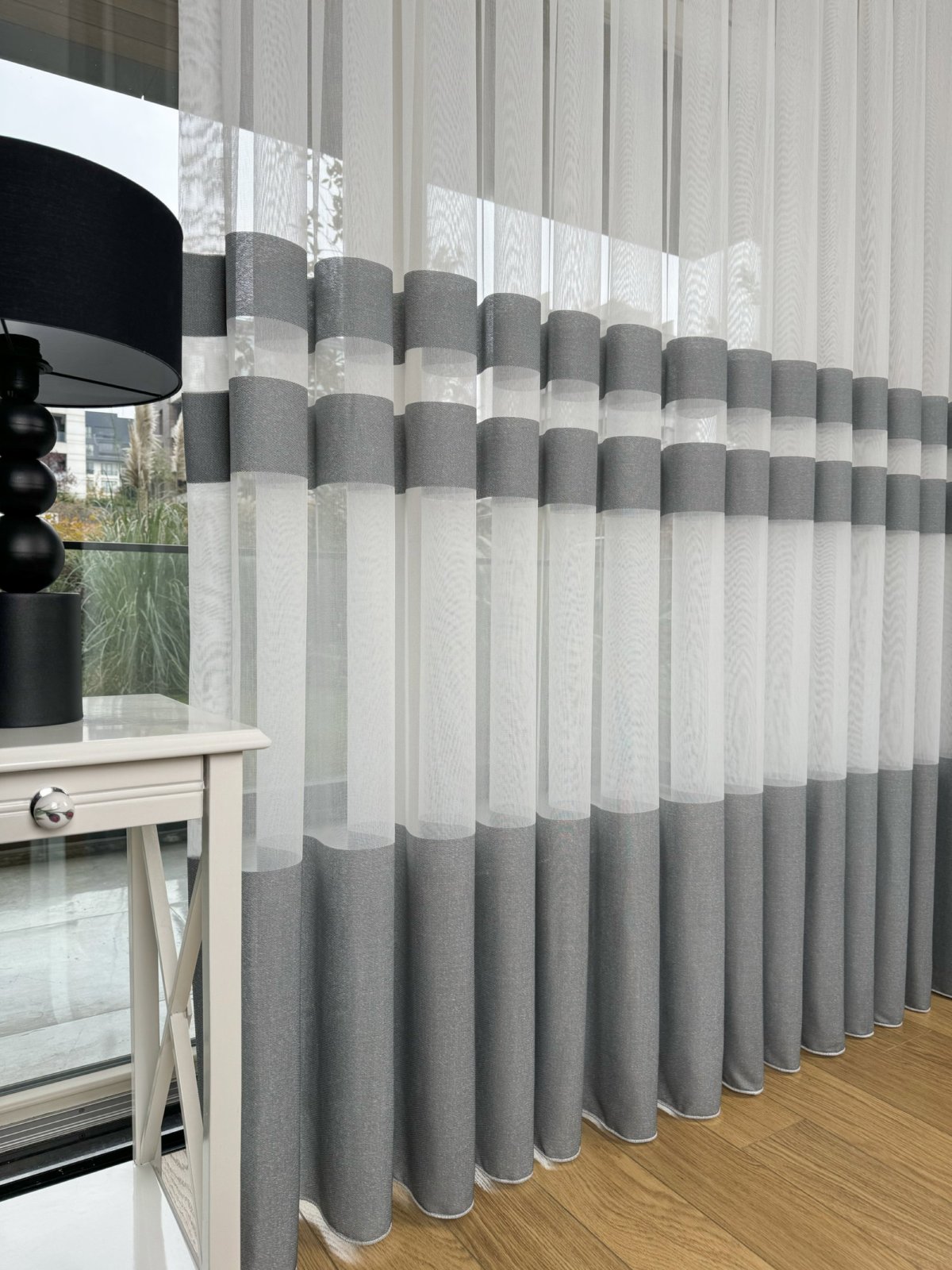 Bambu Gri Enine Bantlı Tül Perde - Premium Seri Kurşunlu Tül
