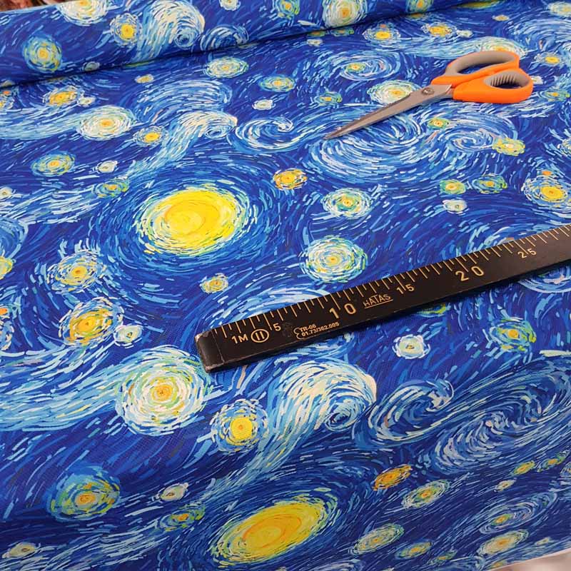Van Gogh Yıldızlı Gece Desenli Fon Perde Evm679 Kumaşı Kalındır Duck Bezi Değildir- Mavi-Sarı-Beyaz-Mavi Açık-Mavi Koyu