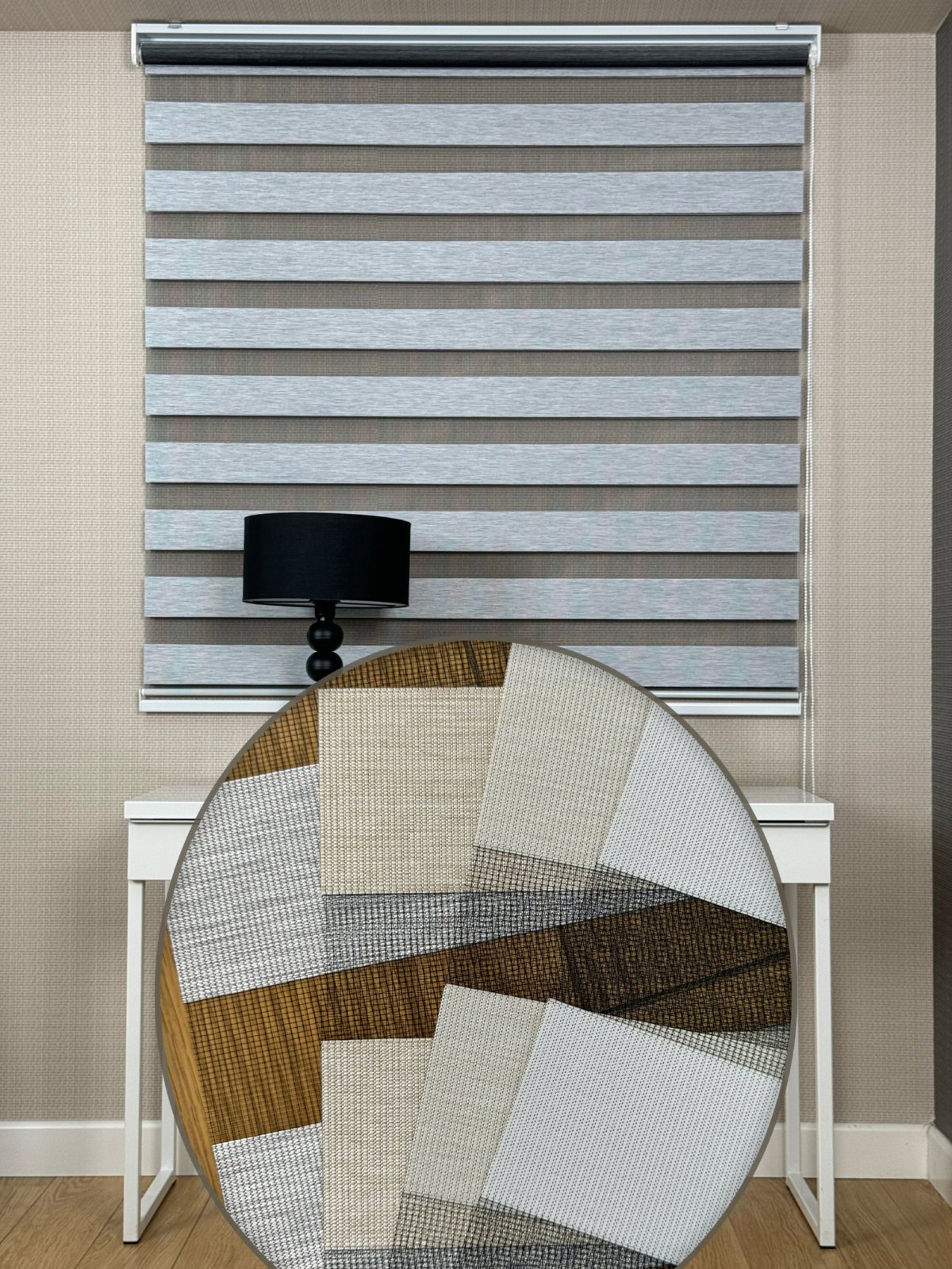 1080tl Yerine - Gri Bambu Zebra Perde, Standart Metal Kasalı - Tül Kısmı Siyah - Kornişe Kolay Montaj Seçenekli