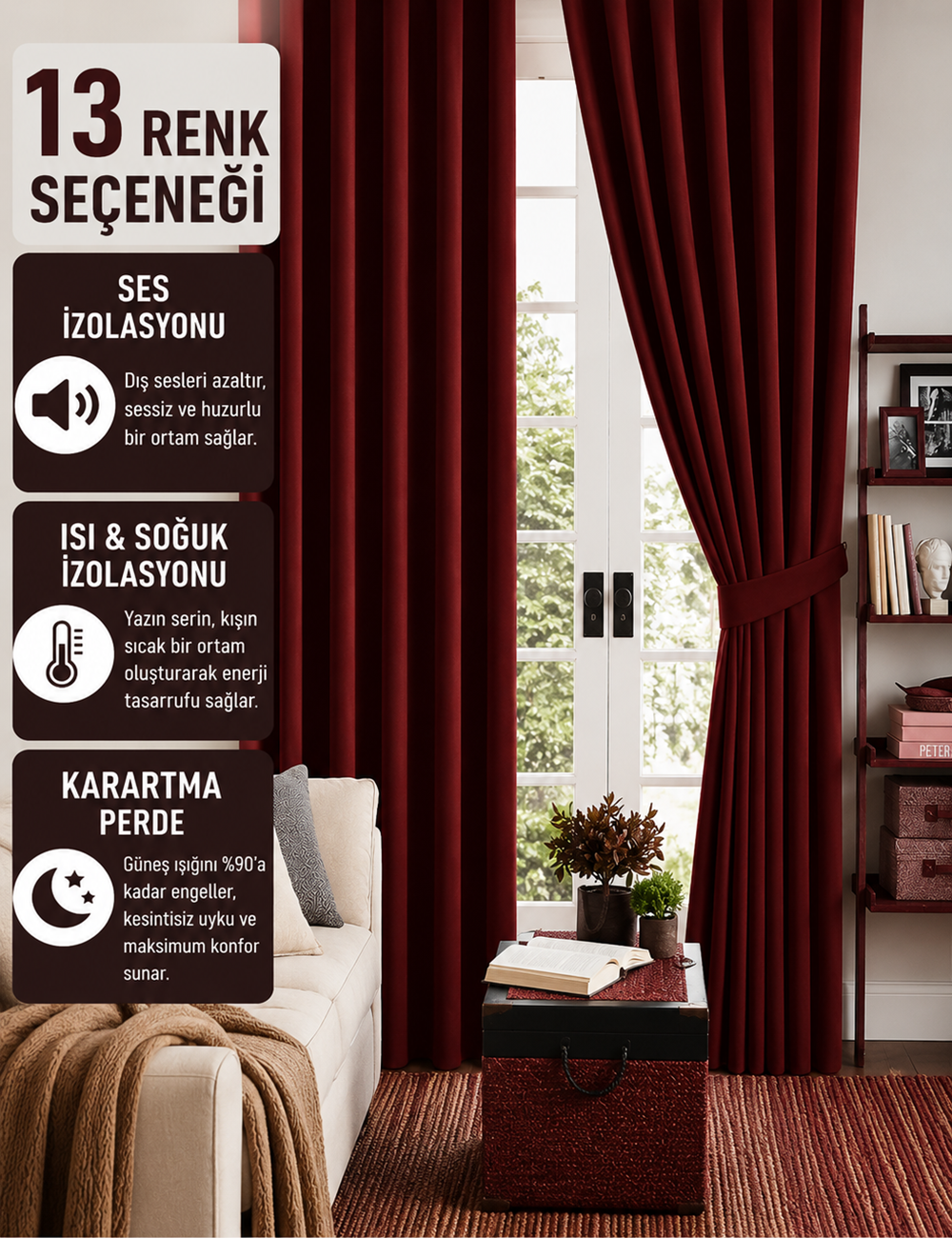 Bordo Koyu Karartma Blackout Güneşlik Fon Kalın Perde