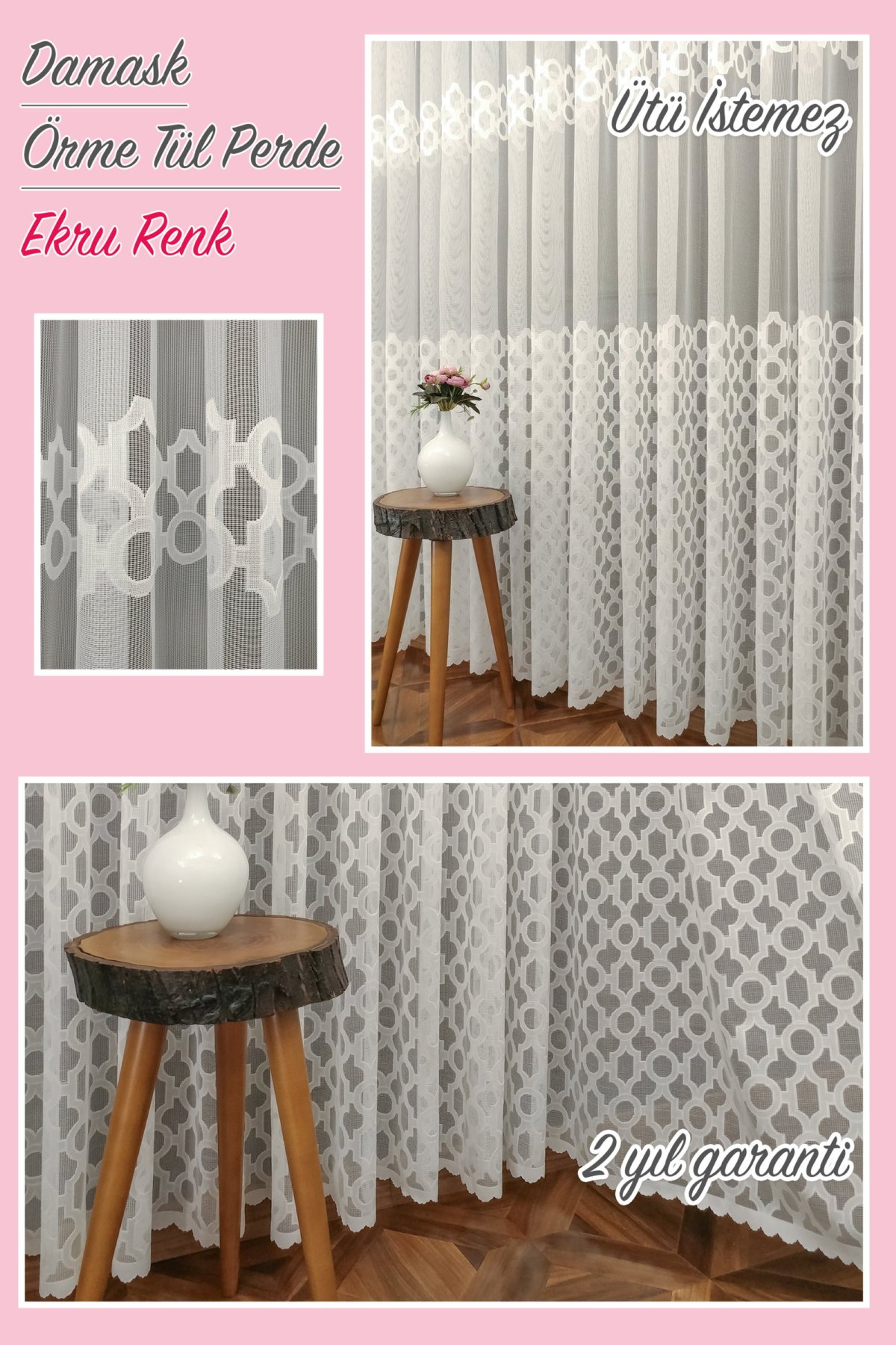 Damask Desen Fransız Dantel Tül Perde 1264- Ekru