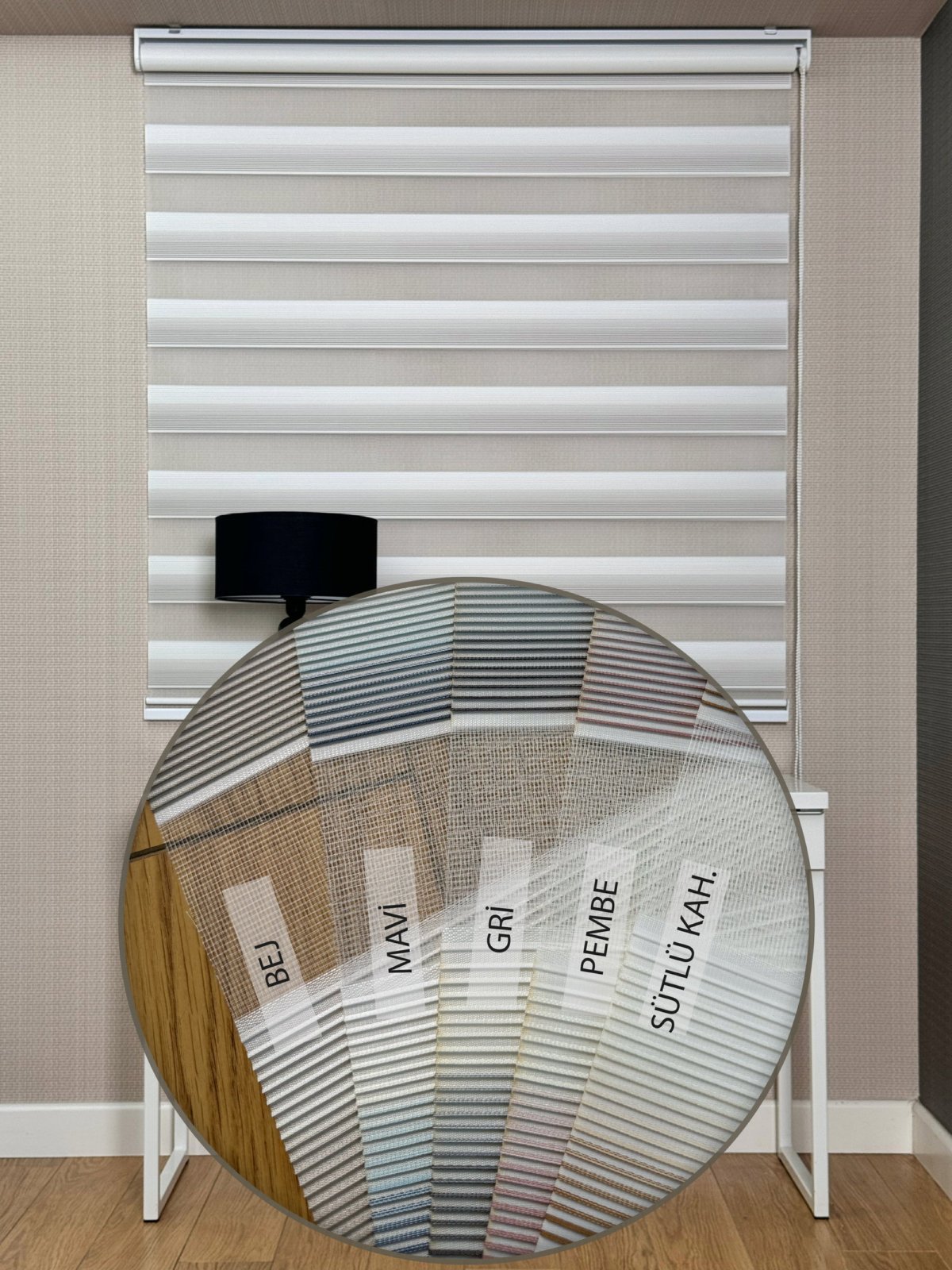 Ekru Bej Degrade Geçişli Dar Pliseli Zebra Perde, Standart Metal Kasalı Yüksek Kalite Kornişe Kolay Montaj Seçenekli