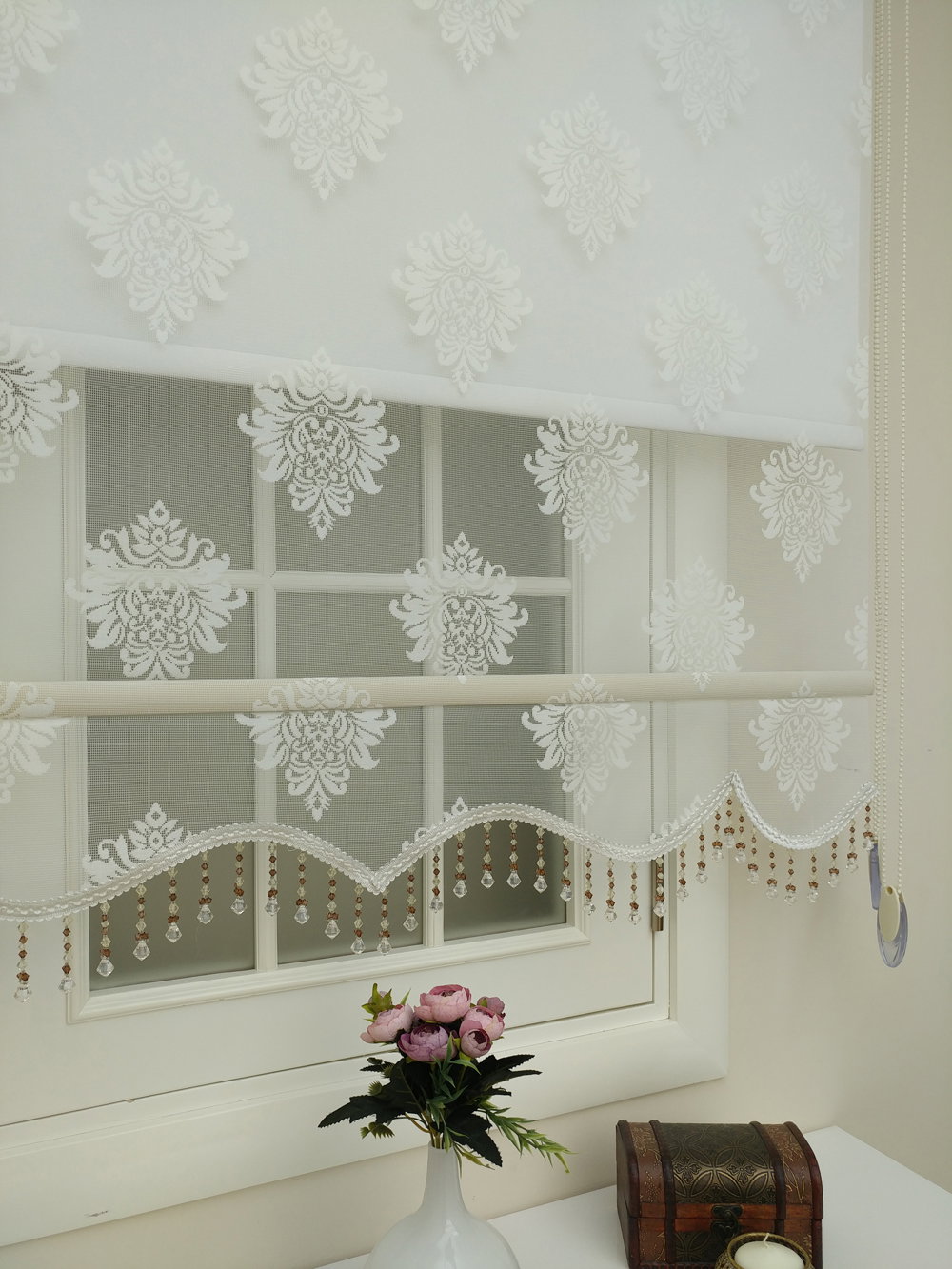 Brillant - Stor Perde - Çiftli Sistem Tül Ve Stor Perde- Büyük Damask Modeli- Krem Açık-ekru