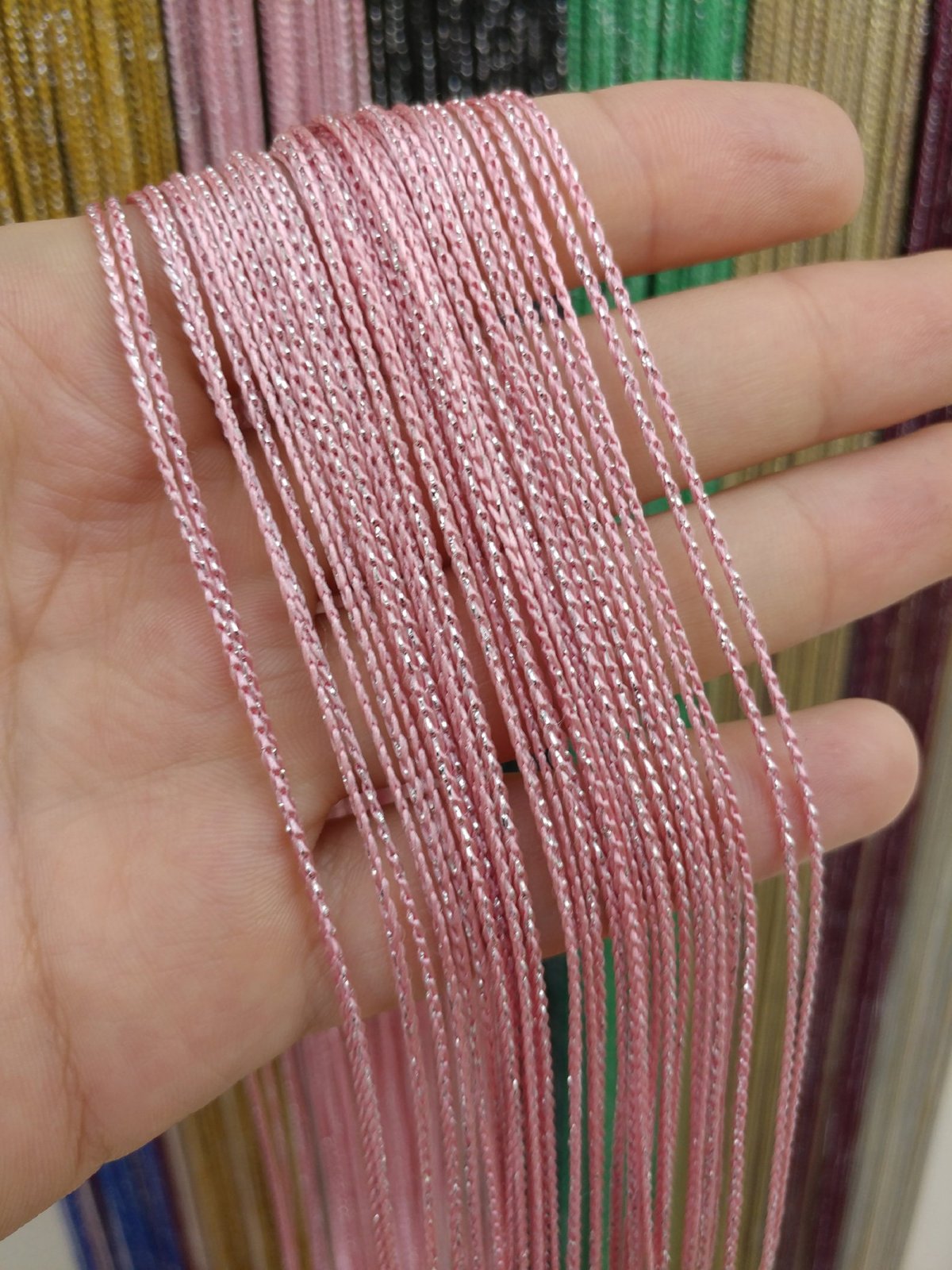 Pembe Rengi İp Perde İnce Zincir Simli Serisi- Pembe-gümüş