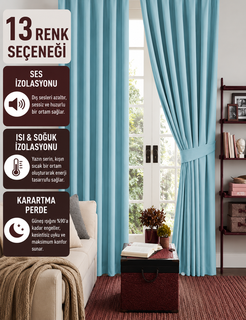 Turkuaz Renk Karartma Blackout Güneşlik Fon Kalın Perde