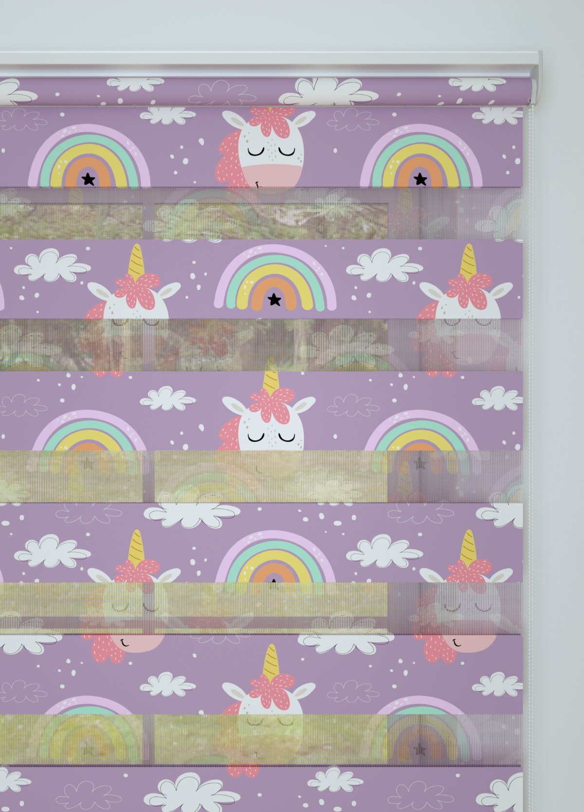 Mor Unicorn Desenli Baskılı Zebra Perde
