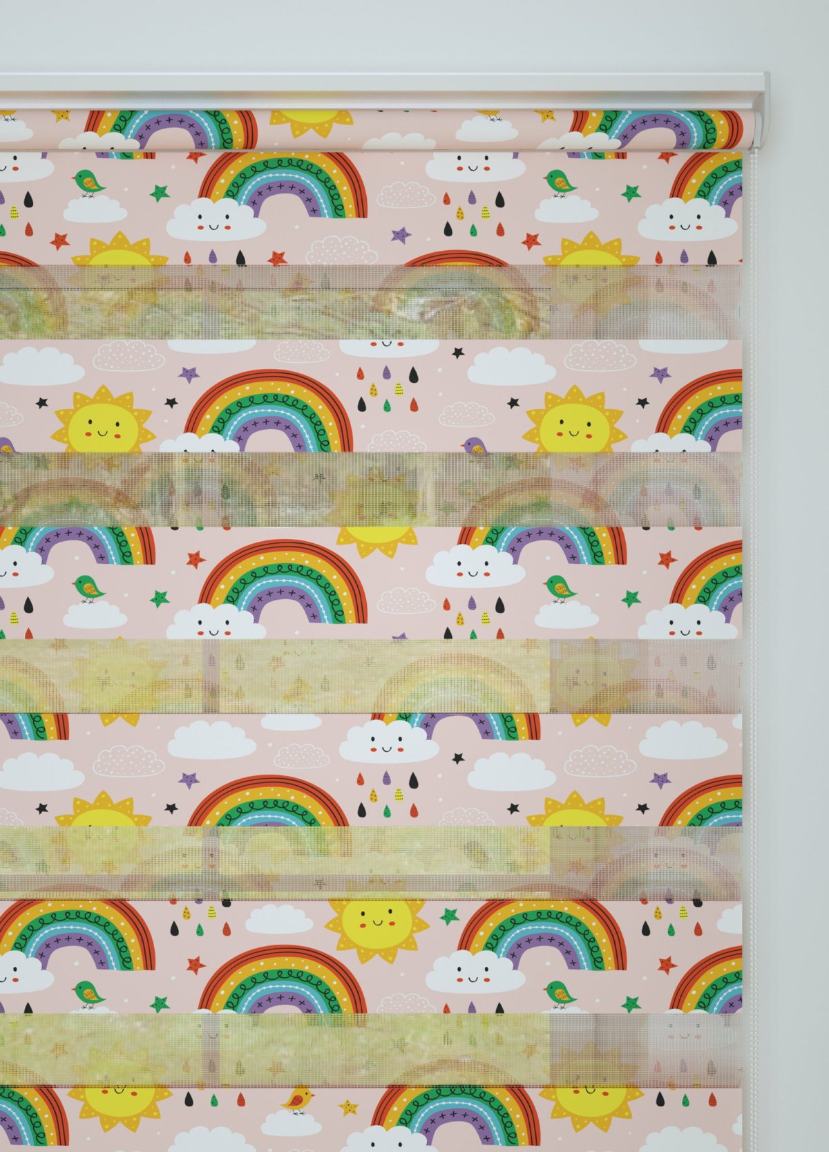 Pembe Sarı Gökkuşağı Ve Güneş Desenli Baskılı Zebra Perde
